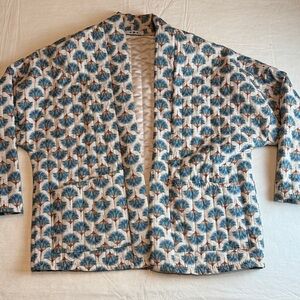 Women's Blue Tan Palm Print Quilted Open Jacket Pockets Size M